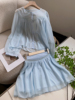 韩式穿搭圆领长袖蓝色防晒雪纺，衫夏季半身裙套装，时尚休闲洋气h$11