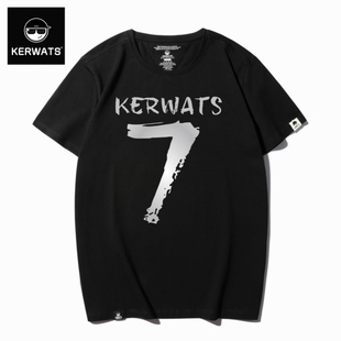 KERWATS男装大码t恤短袖黑色显瘦数字7字母印花肥胖子圆领打底衫