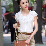 夏季荷叶边泡泡袖白色衬衫，女短袖韩版修身白领，工服白衬衣(白衬衣)半袖上衣