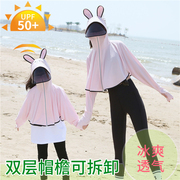 兔耳朵防晒帽子男女童，遮脸面罩防晒衣夏防紫外线太阳帽儿童遮阳帽