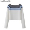 拉夏贝尔/La Chapelle撞色短款修身显瘦一字领长袖T恤上衣女