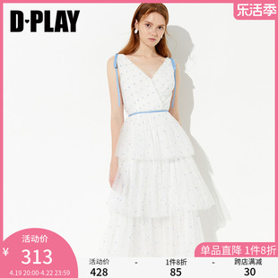 DPLAY夏季欧美V领波点网纱裙装女士气质收腰连衣裙