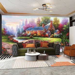 美式餐厅装饰壁画欧洲小镇风景油画壁纸欧式客厅沙发卧室背景墙布