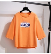 纯棉七分袖T恤女2023年秋季韩版宽松浅脏亮粉橙橘色中袖上衣