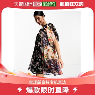 香港直邮潮奢 ASOS 女士trims 设计雪纺迷你镜像拼布花朵罩衫连衣