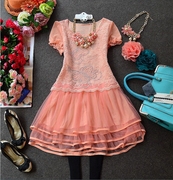 欧洲站甜美时尚，勾花镂空短袖蕾丝雪纺，连衣裙3个色好质量