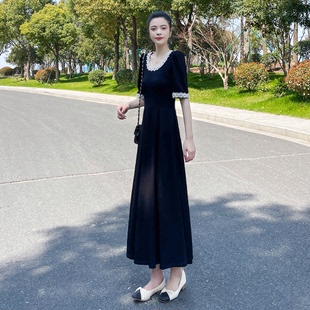 夏季蕾丝边短袖长款连衣裙女2024年高级感显瘦长裙黑色裙子