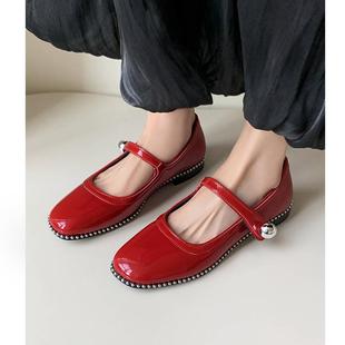 Kmeizu软底~设计师珍珠链条玛丽珍鞋女新潮一字扣带低跟单鞋婚鞋