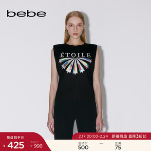 bebe2023春夏系列女士短款无袖直筒时尚烫钻T恤上衣280404