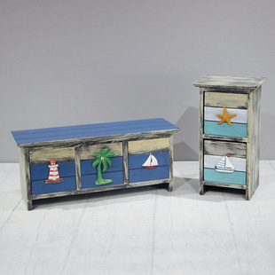 地中海风格木质小柜子桌面小摆件海洋风复古装饰收纳盒子摆设道具