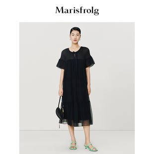 新能量(新能量)黑裙玛丝菲尔2023年夏季系带式收腰真丝连衣裙女
