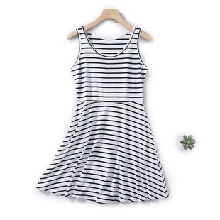 e60-3夏季少女风黑白条纹，日常无袖基础，款背心裙高腰棉弹短裙连衣