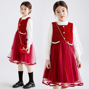 女童秋冬连衣裙加厚红色背心，裙中大童，圣诞新年衣服网纱公主裙套装
