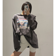 韩国女装LAG2024夏季宽松时尚卡通字母印花长袖圆领中长款T恤