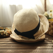 法式优雅蝴蝶结米色棉麻遮阳帽，海边度假沙滩，太阳草帽防紫外线女