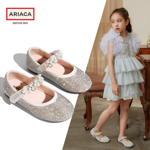 ariaca女童皮鞋公主鞋，春秋单鞋小女孩，演出水晶鞋软底儿童鞋子