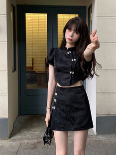 新中式女装2024夏改良黑色旗袍甜酷风时尚辣妹半身短裙两件套