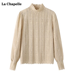 拉夏贝尔/La Chapelle镂空花边立领蕾丝衫女秋季百搭套头长袖上衣