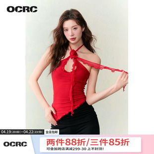 OCRC Official 红色双层网纱花朵飘带吊带辣妹显瘦不规则下摆上衣