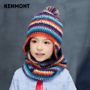 卡蒙6-9岁女孩护耳套头帽双层冬天针织帽子围脖，两件套装加绒保暖