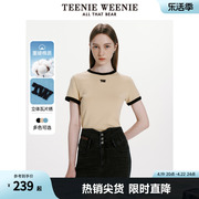 teenieweenie小熊女装2024春装，复古美式休闲罗纹短袖，t恤打底