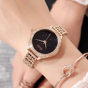 士石英气质水钻表盘钢带手表表女时尚圆形黑色面普通国产腕表