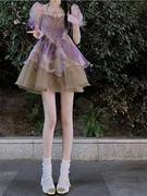 原版做法紫色蓬蓬裙连衣裙，夏季扎染碎花泡泡，袖公主裙仙女短裙