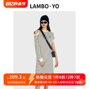 LAMBOYO夏季横条纹显瘦拼接露肩不规则设计中长时尚舒适连衣裙女