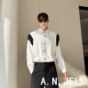 韩国版ulzzang男装东大门23夏网红发型师黑色流苏设计长袖白衬衫