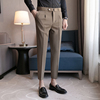 咖啡色裤子男显高九分小脚，英式西装裤春夏，发型师正装腰带双褶西裤