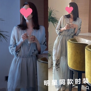香港22新心居顾清俞童瑶同款蓝色，网纱连衣裙设计感透视衬衫式长裙