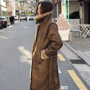 冬韩版宽松羊羔毛加厚BF棉服女中长款大码茧型仿皮毛一体外套