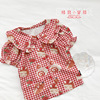 女童装甜美娃娃领卡通衬衫，2023夏季宝宝，泡泡袖红色格子上衣潮