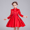 儿童礼服春秋款大红色中大童装连衣裙长袖女童，公主裙2件套装韩版