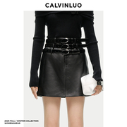 calvinluo三层皮带扣，装饰pu短裙，23秋冬黑色