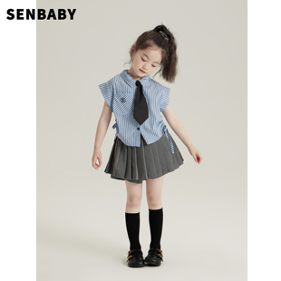 senbaby女童夏装衬衣儿童美式学院，风套装宝宝翻领蓝条纹无袖衬衫