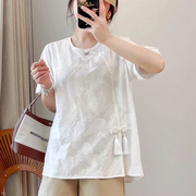 新国风羽毛刺绣白色短袖衬衫女中式复古宽松圆领上衣夏季薄款小衫