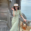 邓六六绿色格纹连衣裙女夏季法式港风复古修身显瘦小翻领茶歇长裙