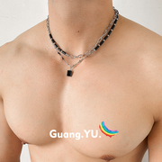 guangyu黑宝石拼接十字架项链男女小众，设计暗黑风双层叠，戴锁骨(戴锁骨)链