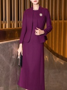 紫红色毛呢职业套装裙，秋冬2023时尚气质，修身连衣裙羊毛两件套