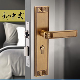 新中式室内门锁黑色卧室实木房，门锁静音磁吸轴承门把手双开门锁具