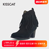kisscat接吻猫秋冬款牛反绒尖头侧拉链粗高跟短靴女ka76717-50