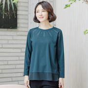 韩国妈妈秋装长袖t恤圆领，纯色时尚中老年女装镶钻上衣t51449