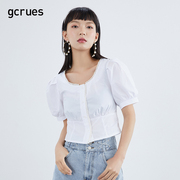 gcrues法式珍珠领上衣2024夏小个子白色衬衫短袖女时尚洋气