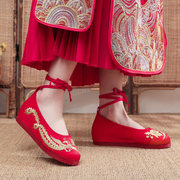 新红色(新红色)底金色，凤凰平底内增高秀禾服新娘婚鞋脚踝绑带中式绣花布鞋