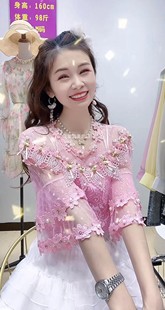 韩版蕾丝立体花朵上衣女，夏装2023超仙甜美短袖雪纺洋气小衫潮