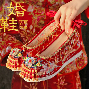 中式古风汉服秀禾婚鞋低跟复古中国风，系带绣花鞋配旗袍红色结婚鞋
