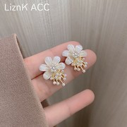 s925银针森系树脂花朵珍珠耳钉独特设计感小清新耳环女2023潮