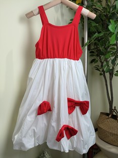 女孩子宝宝儿童小童装夏天韩版红白色拼接蝴蝶结花瓣吊带连衣裙子