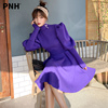 紫色泡泡袖连衣裙女中长款2023韩版春季气质名媛收腰长袖裙子